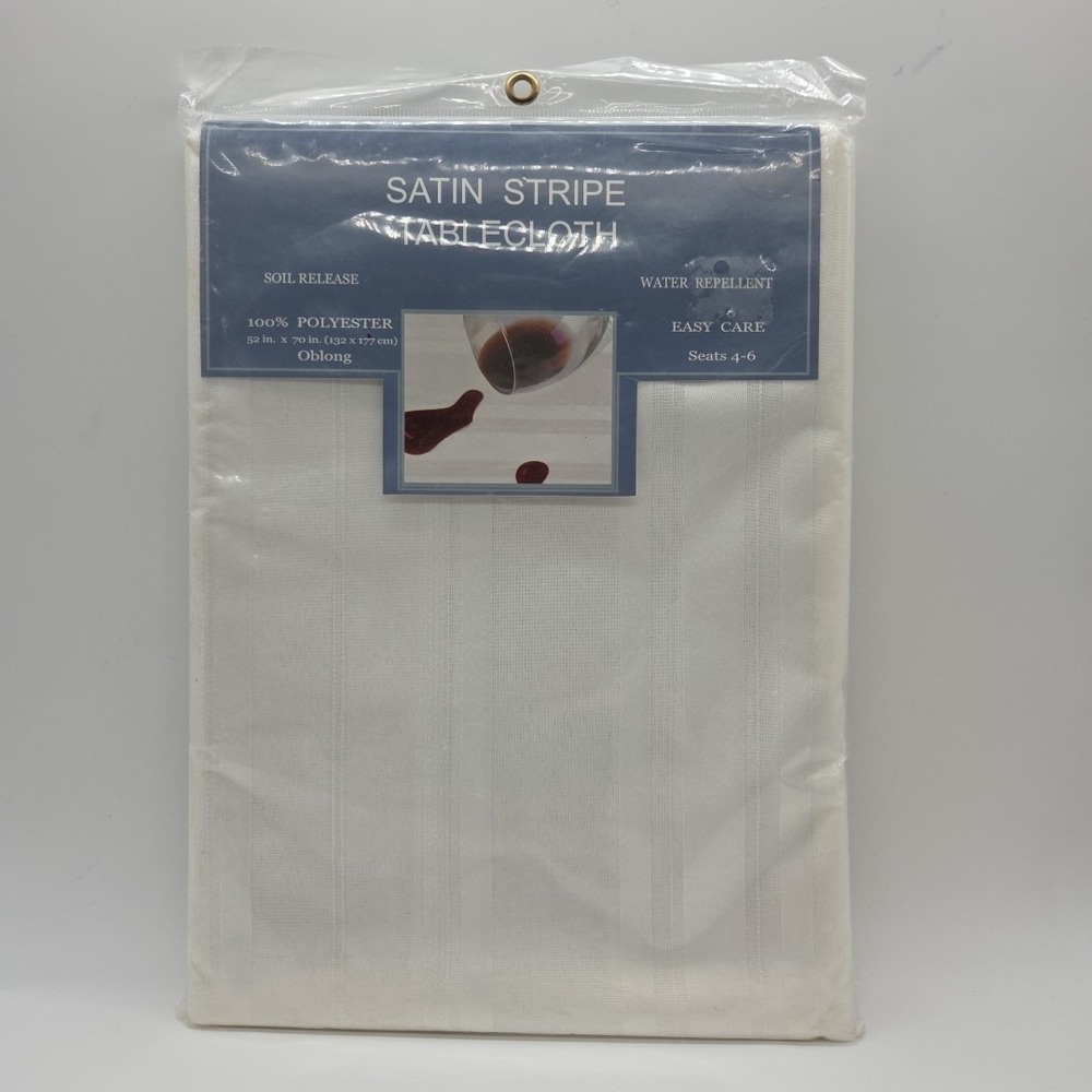 NEW Satin Stripe Tablecloth White Oblong 52" x 70" Soil Release 100% Polyester